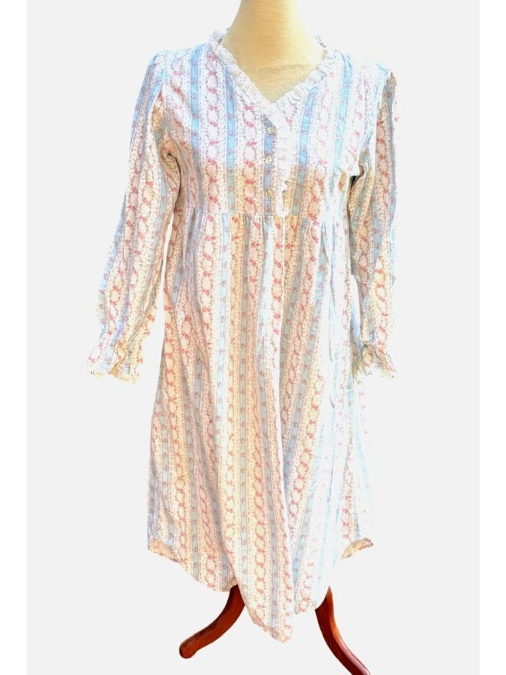 Long Sleeve Nightgown With Lace Trimmed Collar & Cuffs Vintage Floral Striped